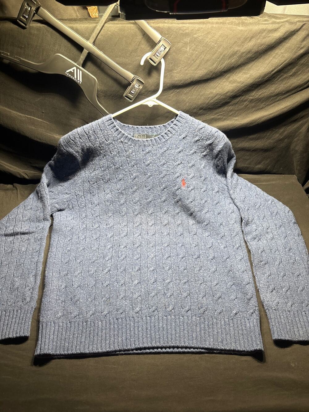 Vintage Polo Ralph Lauren Mens Large Cable Knit Sweater Merino Wool Angora Blue